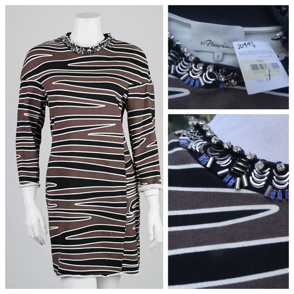 NEW 3.1 PHILLIP LIM Large Smoke Printed Cotton Beaded Neckline Dress - Picture 1 of 8